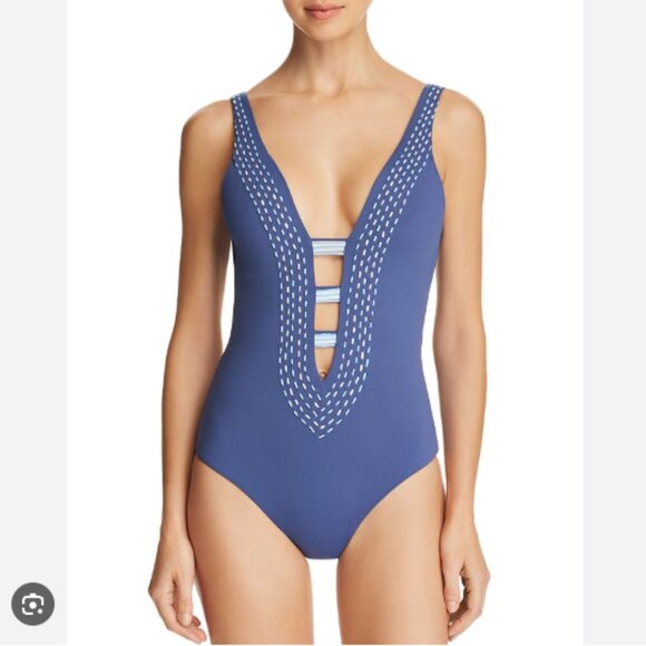 BECCA Other - Like New BECCA Blue Detailed One Piece Swimsuit Plunge Neck, Medium